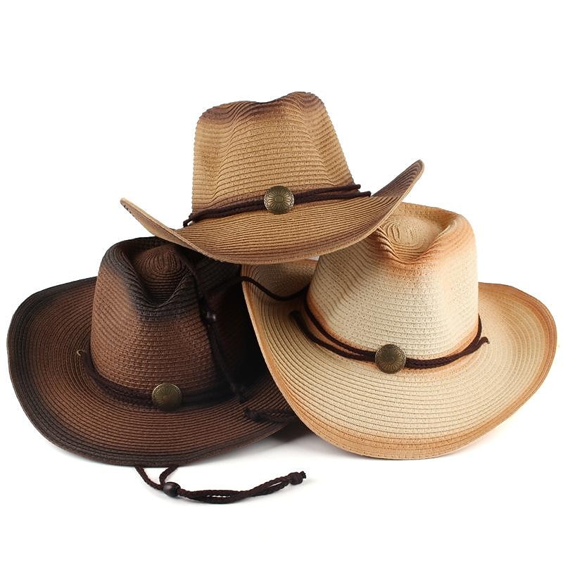 Woven Straw Cowboy Hat w/Hat Band Wide Brim West Cowboy Cowgirl Hat Men's Women's Costume Vintage Cosplay Holiday Vacation Hat