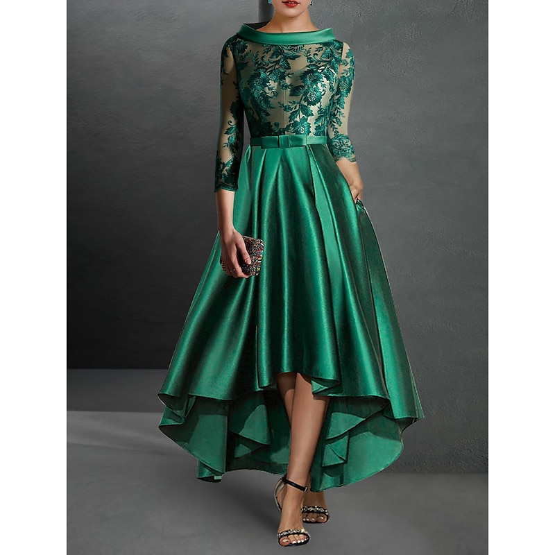 A-Line Mother of the Bride Cocktail Dresses Elegant Dress Formal Asymmetrical 3/4 Length Sleeve Jewel Neck Fall Wedding Guest Satin with Pleats Appliques Dresses3