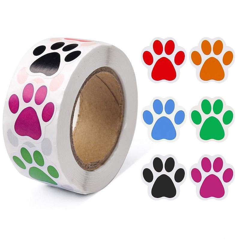 Paw Prints Stickers,(1 Inch/ 500 Stickers) Dog Stickers Dog Puppy Paw Prints Stickers,Colorful Self-Adhesive Labels Animal Decal,Paw Prints Envelope Seal for Classroom Kids (Black+Multi, 1 Inch)2