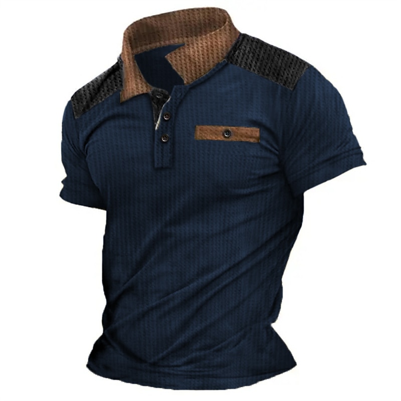 Men's Waffle Polo Shirt Golf Shirt Casual Holiday Lapel Short Sleeve Fashion Basic Color Block Vintage Summer Regular Fit Red Blue Brown Green Gray Waffle Polo Shirt2