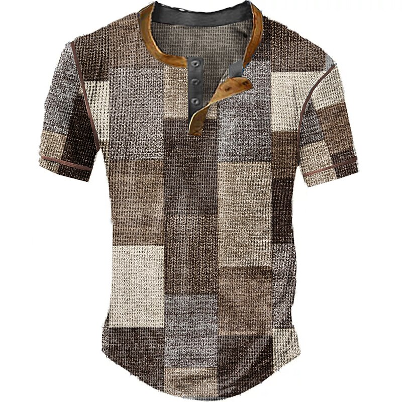 Men's Graphic Plaid Color Block Waffle Henley Shirt Short Sleeve 3D Print Vintage Fashion Designer Outdoor Daily Summer White Red Blue Orange Khaki Henley Henley T-Shirt4