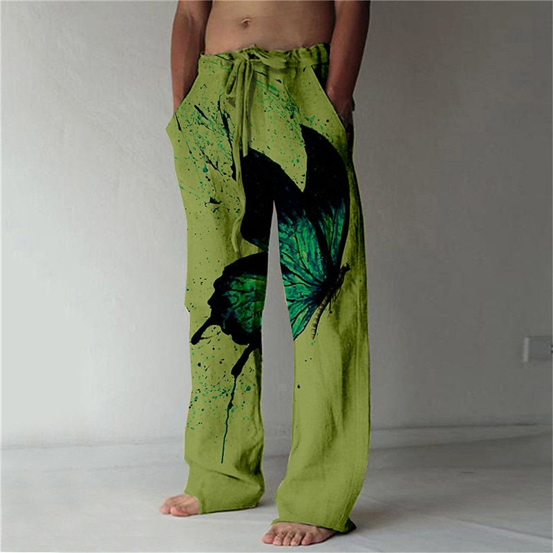 Men's Trousers Summer Pants Beach Pants Drawstring Elastic Waist 3D Print Butterfly Graphic Prints Comfort Casual Daily Holiday Streetwear Hawaiian White Green3