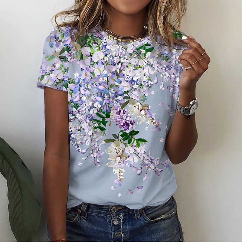 Women's T Shirt Basic Floral Print Short Sleeve Regular Tops Round Neck Holiday Weekend Pink Blue Green2