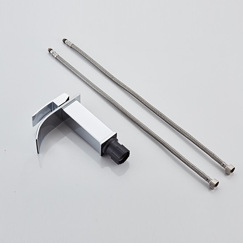 Waterfall Bathroom Sink Mixer Faucet, Washroom Mono Basin Taps Single Handle Deck Mounted Chrome Black Brushed, with Cold and Hot Hose Monobloc Water Tap3