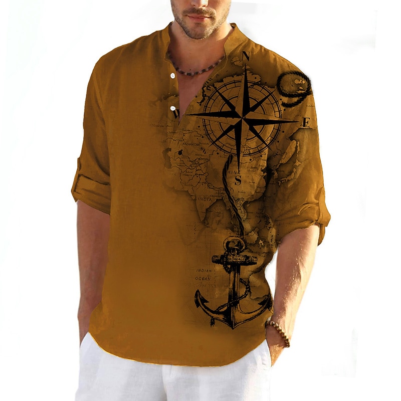Men's Nautical Anchor Vintage Shirt Button Up Shirt Long Sleeve Vintage Fashion Streetwear Daily Going out Summer Spring Fall Stand Collar Print Brown Green Khaki Gray2