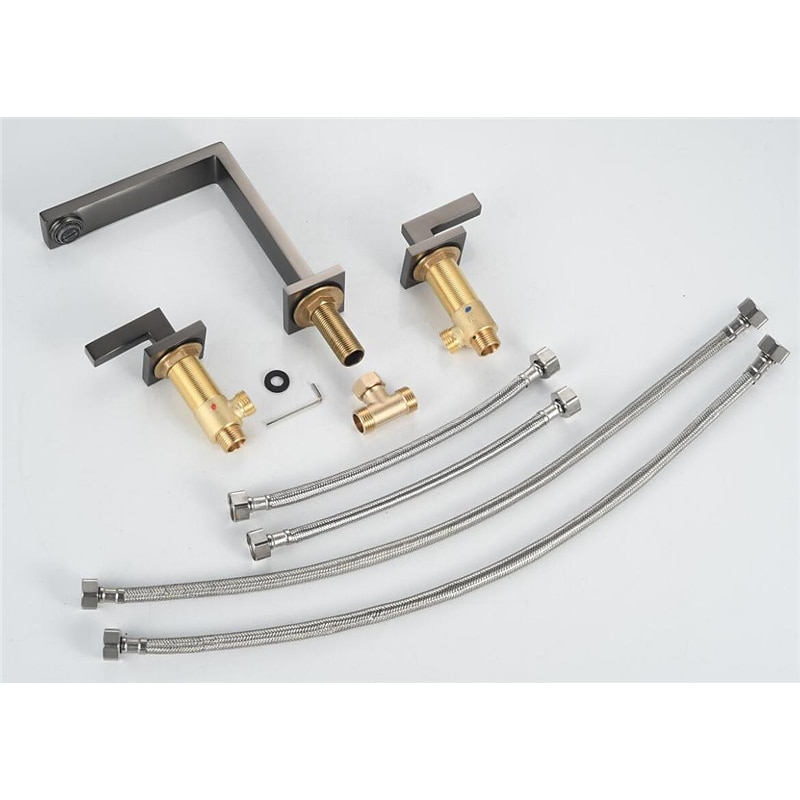 Widespread Bathroom Sink Mixer Faucet, 360 Swivel Brass 3 Hole 2 Handle Basin Tap Deck Mounted, Washroom Basin Vessel Water Tap with Hot and Cold Hose Black Chrome Golden White Grey2