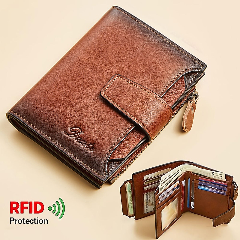 1pc Men's Genuine Leather Wallet Vintage Short Multi Function ID Card Holder RFID Blocking Zipper Coin Pocket Billfold Give Gifts To Men On Valentine's Day