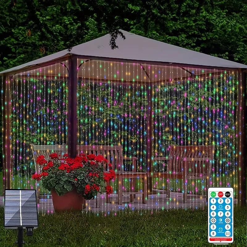 3*3M 300 LEDs Solar Curtain Light Outdoor Remote Control Light 8 Lighting Modes Fairy Lights IP65 Waterproof Leather Thread Lights Christmas Party Wedding Home Bedroom Garden Wall Decor