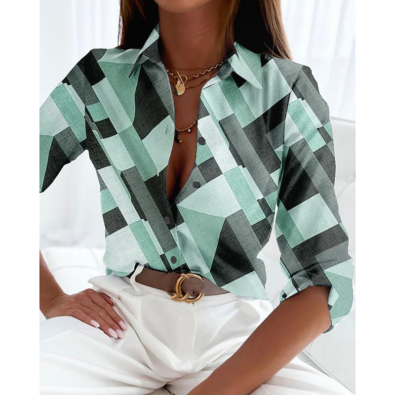 Women's Shirt Button Down Tunic Shirt Collar Long Sleeve Elegant Vintage Fashion Geometric s Print Regular Tops Casual Pink Blue Green Khaki Gray Spring Fall4