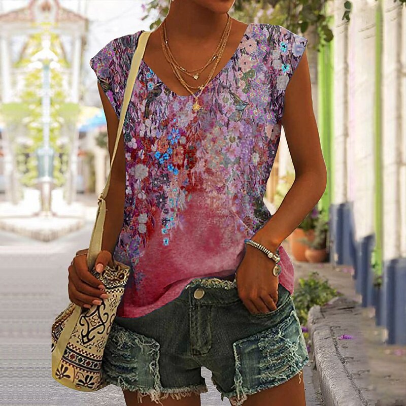 Women's Tank Top Floral Basic Sleeveless V Neck Regular Tops Holiday Print Red Blue Green Khaki4
