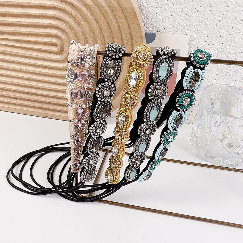 1 Pieces Rhinestone Beaded Elastic Headband Jewel Headbands Pearl Hair Band Crystal Beaded Women Head Wrap Lady Girls Hair Jewelry Accessories2