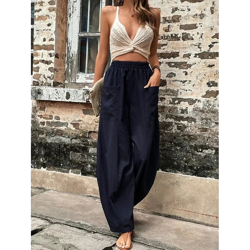 Women's Linen Pants Tapered pants Pants Trousers Fashion Basic Casual Full Length Plain Side Pockets Baggy Comfort Micro-elastic Vacation Street Casual Daily Black Red Navy Blue Blue Regular Fit3
