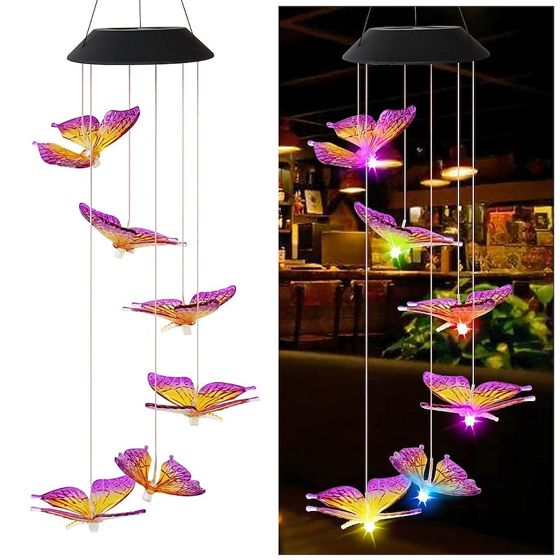 Solar Wind Chimes LED Outdoor Light Changing Butterfly Lights Outdoor Solar Waterproof 6LEDs Wind Chimes Solar Powered Lights for Home Garden Patio Window Decoration