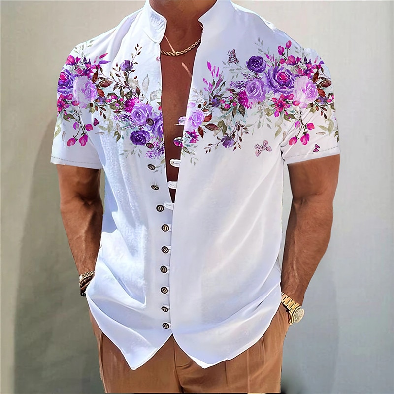 Men's Floral Shirt Button Up Shirt Short Sleeve Fashion Streetwear Designer Outdoor Casual Daily Spring & Summer Stand Collar Print Red Blue Purple Green Gray3