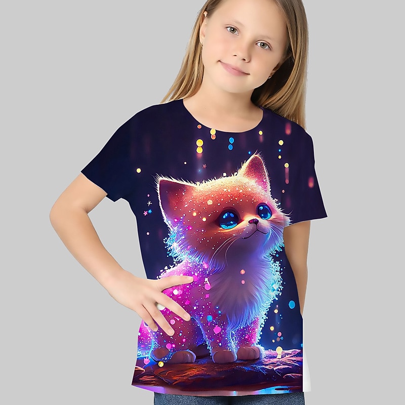 Kids Girls' T shirt Graphic Outdoor 3D Print Short Sleeve Crewneck Active 7-13 Years Summer Silver Black White2