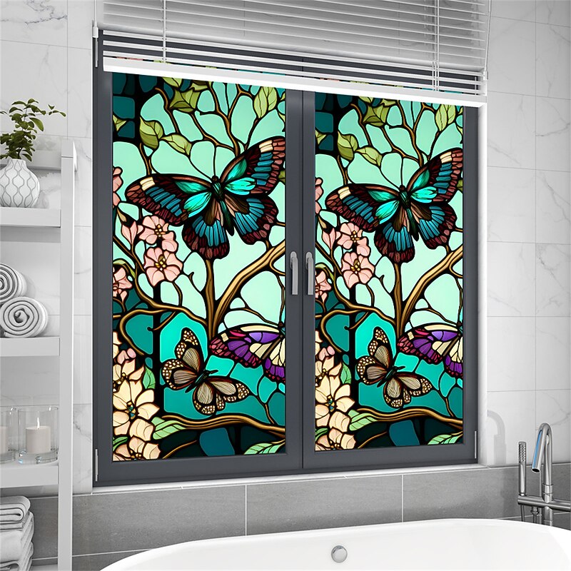 Stained Glass Window Film Colorful Retro Green Butterfly  Window Glass Electrostatic Stickers Removable Window Privacy Stained Decorative Film for Home Office3