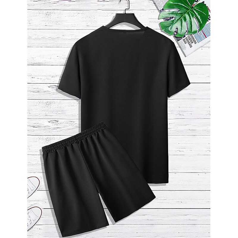 Men's 2 Pieces Outfits T-Shirt and Drawstring Shorts Set Short Sleeve Crewneck Summer Color Block Fashion Sport Casual 2 Piece Vacation Casual Daily Wear Black Yellow Green Top Tee for Men2