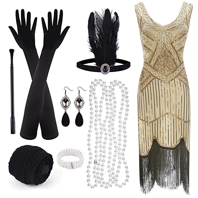 Retro Vintage Roaring 20s 1920s Flapper Dress Dress Outfits The Great Gatsby Sequins Tassel Fringe Fancy Dress Women's Party / Evening Masquerade Adults' Dress Gloves Stockings Spring & Summer All4