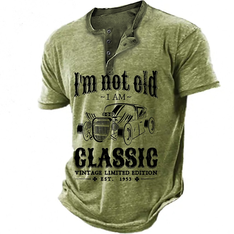 Est 1953 Mens Graphic Shirt Classic 3D For | Blue Cotton Henley Tee Letter Car Clothing Apparel Print Outdoor Casual Short Sleeve Button Down 'M Not Old Am3