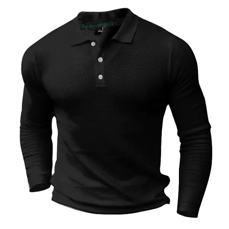 Men's Waffle Polo Shirt Golf Shirt Casual Holiday Lapel Long Sleeve Fashion Basic Plain Button Vintage Summer Regular Fit Black White Grey Waffle Polo Shirt2