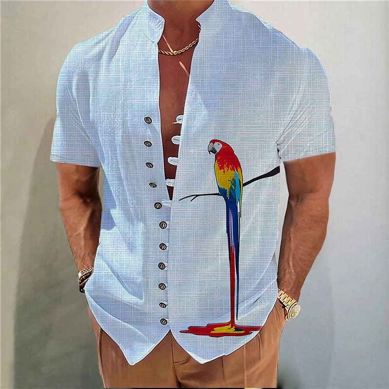 Men's Parrot Shirt Button Up Shirt Short Sleeve Fashion Streetwear Designer Outdoor Casual Daily Spring & Summer Stand Collar Print White Pink Blue Gray2