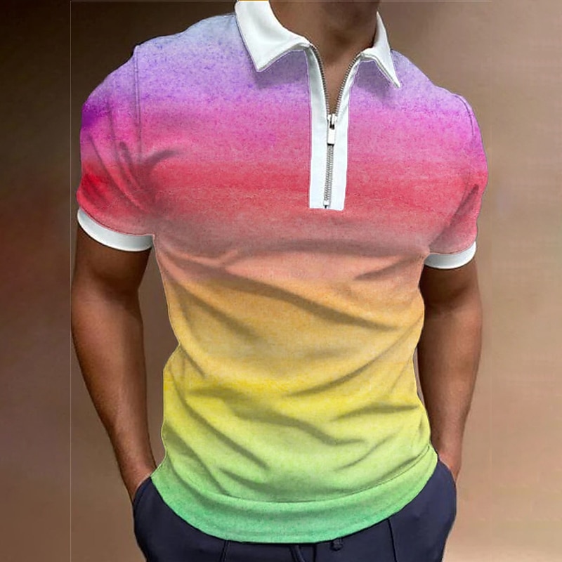 Men's Rainbow Hawaiian Polo Shirts Golf Shirt Short Sleeve Polo Shirts Collared Shirts Casual Beach Wear Vacation Wear Tropical Wear Party Outfits 3D Print Quarter Zip Polo Pink Blue Rainbow
