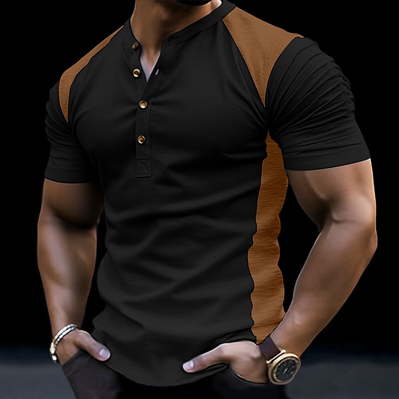 Men's Button T Shirt T Shirt Henley Shirt Tee Top Short Sleeves Henley Summer Color Block Fashion Designer Basic Vacation Street Going out Dark Gray Black White Top Tee for Men2
