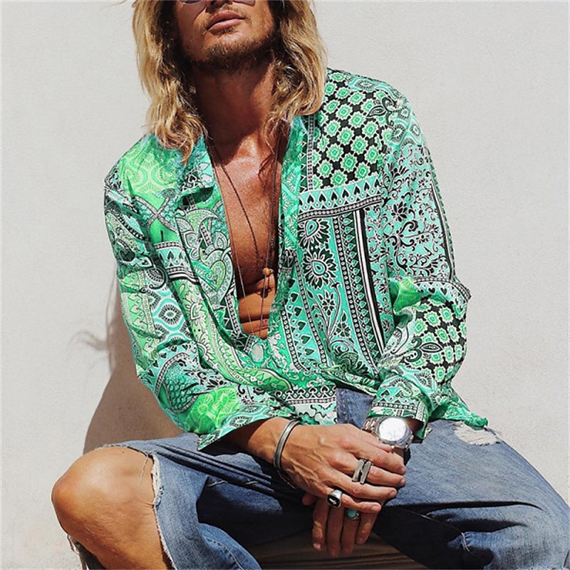 Men's Paisley Tribal Shirt Boho Shirt Long Sleeve Fashion Designer Casual Outdoor Casual Daily Spring &  Fall Turndown 3D Button-Down Light Pink Yellow Blue Green4
