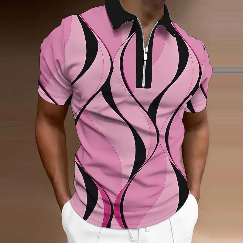 Men's Geometric Zip Polo Shirts Golf Shirt Short Sleeve Polo Shirts Collared Shirts Business Casual Vacation Wear Formal Wear Festival Wear 3D Print Quarter Zip Polo Black White Yellow3