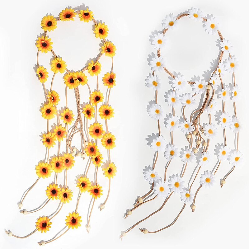 2pcs Flower Hippie Headband Floral Crown Summer Sunflower Hair Accessories for 70 s Bohemian Costumes Style2
