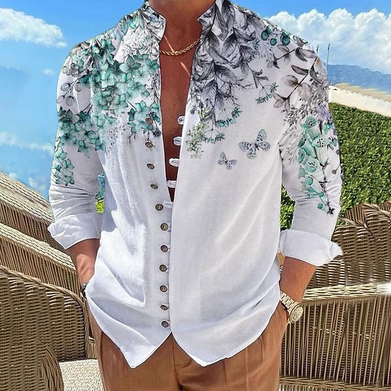 Men's Floral Shirt Button Up Shirt Long Sleeve Fashion Designer Casual Vacation Daily Going out Fall Autumn / Fall Spring & Summer Stand Collar Print Red Blue Green Gray