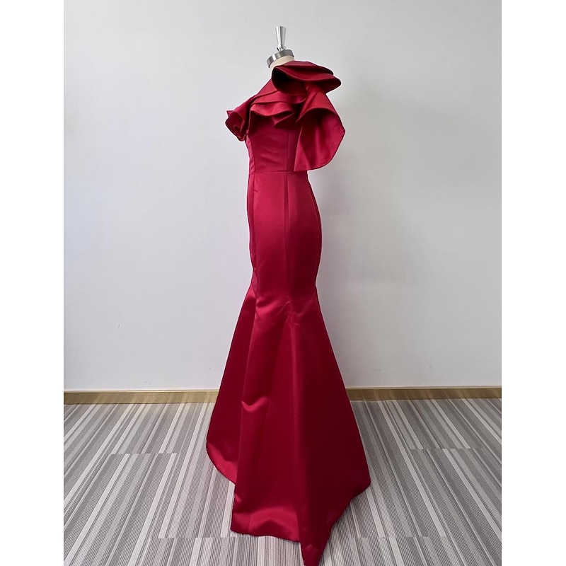 Mermaid Evening Gown Corsets Dress Formal Wedding Guest Floor Length Sleeveless One Shoulder Taffeta with Ruffles Shouder Flower Masquerade Dress4