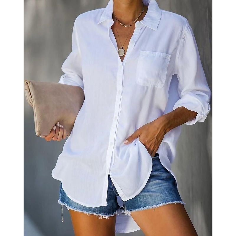 Women's Shirt Blouse Cotton  Button Pocket Work Daily Solid Basic Long Sleeve Shirt Collar White Summer Spring