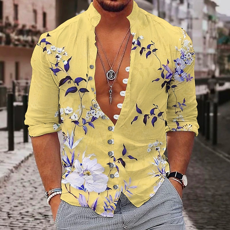 Men's Floral Butterfly Tropical Flowers Shirt Summer Hawaiian Shirt Aloha Shirt Long Sleeve Shirt Stand Collar Fashion Streetwear Designer Outdoor Street Casual Light Yellow Yellow Red S M L2