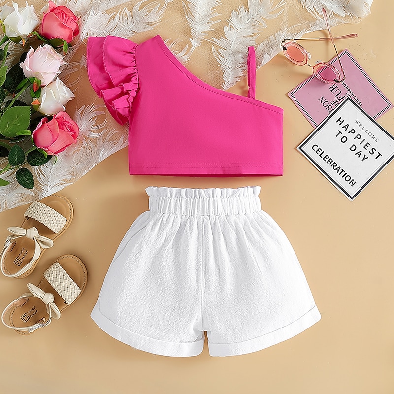 2 Pieces Kids Girls' Children's Day Solid Color Halter Tank Top & Shorts Set Set Sleeveless Fashion Outdoor Cotton 3-7 Years Summer Red Purple3