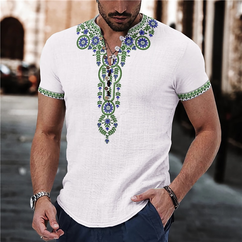 Men's Floral Ethnic Shirt Linen Shirt Button Up Shirt Short Sleeve Fashion Streetwear Designer Outdoor Casual Daily Spring & Summer Stand Collar Print Yellow Red Blue Green Gray3