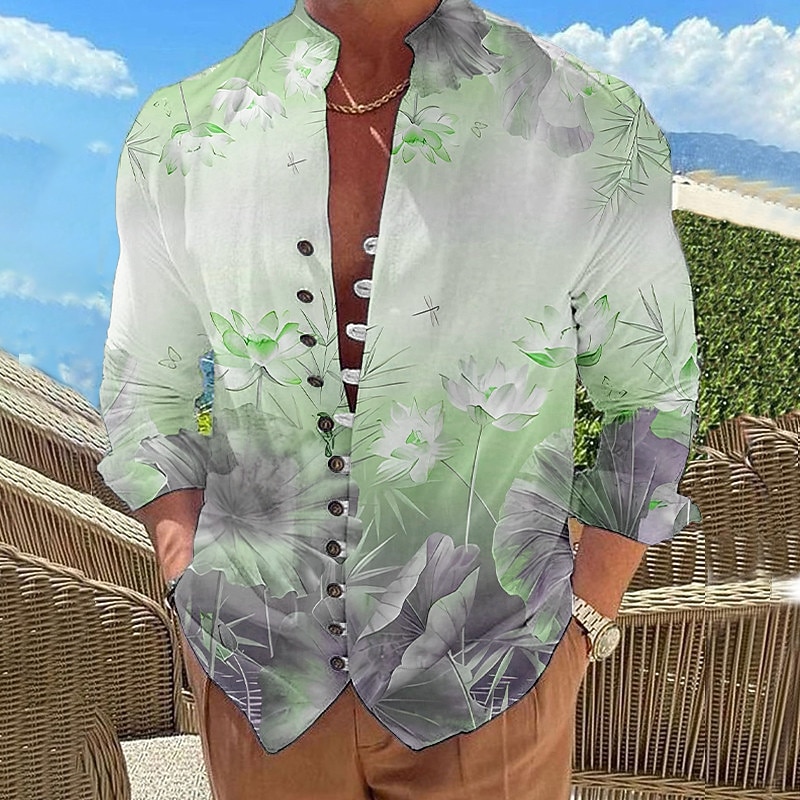 Men's Floral Graphic Prints Shirt Long Sleeve Shirt Stand Collar Outdoor Vacation Yellow Blue Green Gray Print Clothing Apparel Fashion Designer Casual Comfortable3