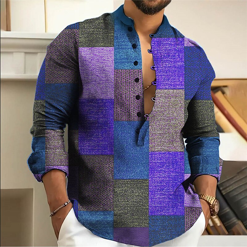 Men's Color Block Geometric Pattern Geometry Shirt Button Up Shirt Long Sleeve Fashion Streetwear Designer Casual Going out Summer Spring Fall Stand Collar Print Yellow Blue Purple Gray3