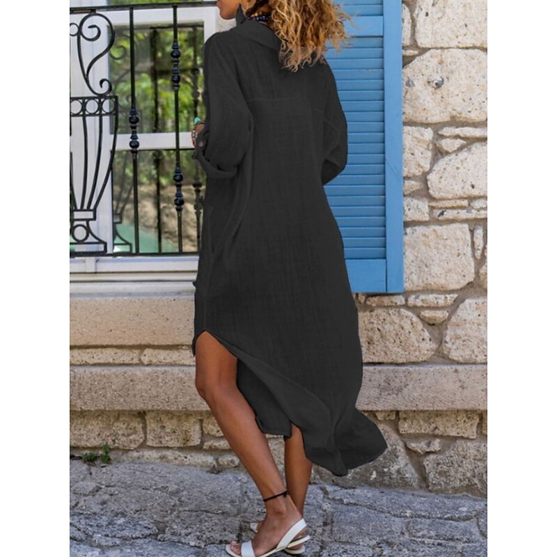 Women's Black Pink khaki Spring Fall Maxi Dress Cotton Linen Dresses Black Dress Shirt Dress Modern Casual Daily Regular Fit Plain V Neck2