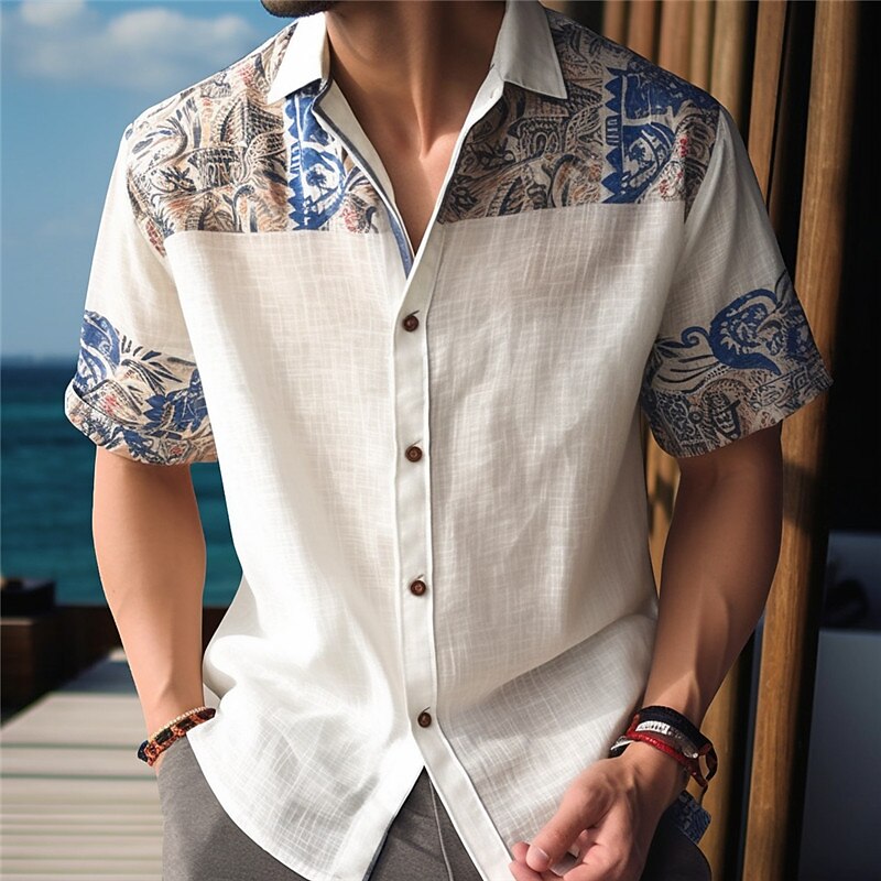 Men's Floral Tribal Ethnic Shirt Button Up Shirt Short Sleeve Fashion Designer Casual Outdoor Casual Summer Spring Turndown Print Apricot Blue Khaki2