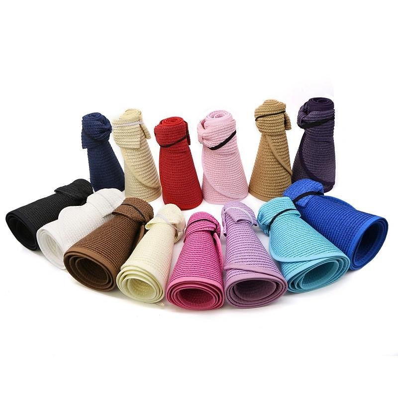 Sun Visor Hats for Women Wide Brim Straw Roll-Up Ponytail Summer Beach Hat UV UPF Packable Foldable Travel Summer3