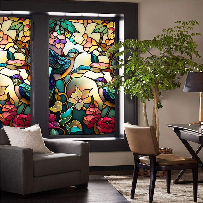 Stained Glass Window Film Colorful Retro Flower Birds Window Glass Electrostatic Stickers Removable Window Privacy Stained Decorative Film for Home Office2