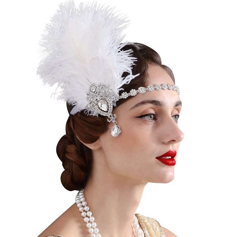 Flapper Headbands Womens 1920s Headpiece Great Gatsby Inspired Feather Headband Cocktail Party Rhinestone Hair Accessories for Women