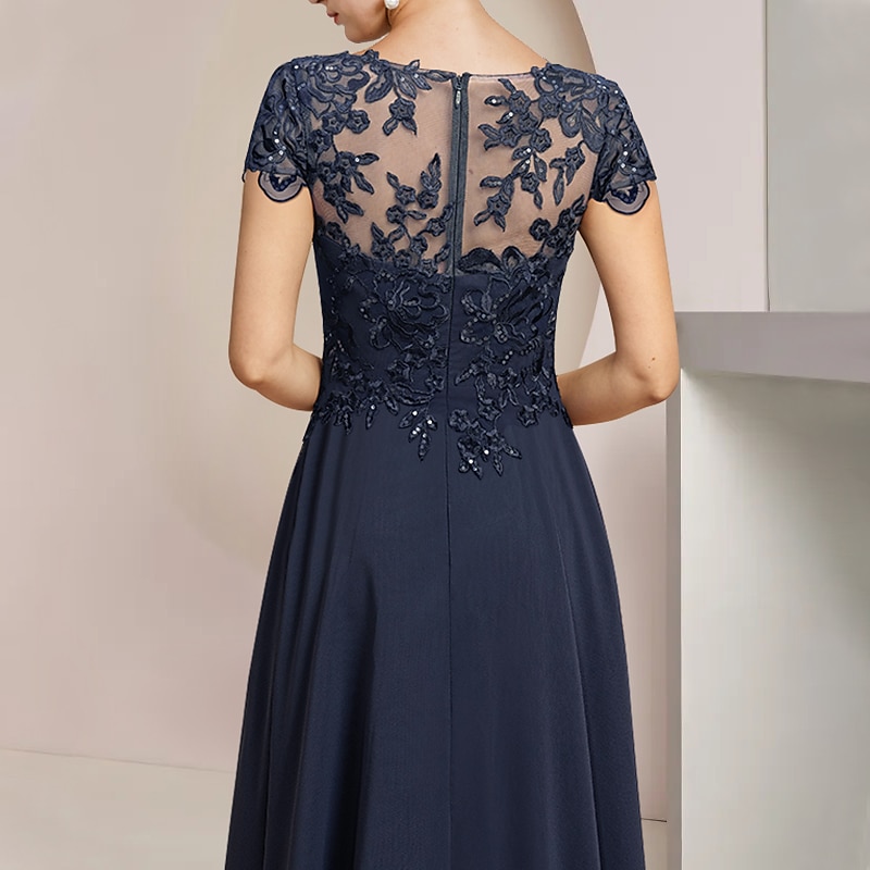 A-Line Mother of the Bride Dress Formal Wedding Guest Elegant High Low Scoop Neck Asymmetrical Tea Length Chiffon Lace Short Sleeve with Sequin Appliques4