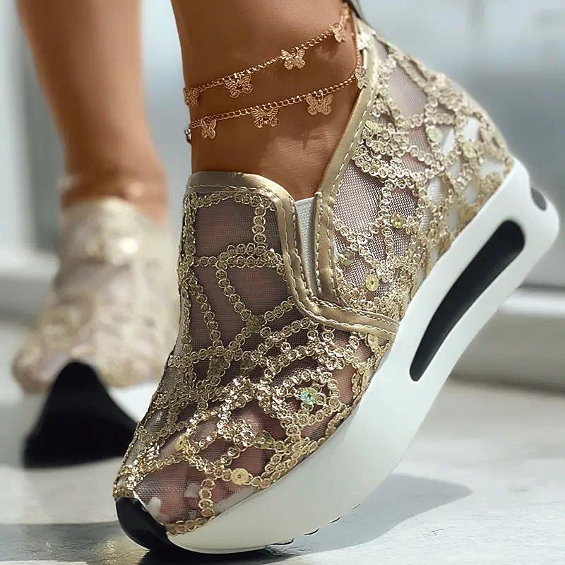 Women's Gold Sequin Mesh Slip-On Sneakers with Platform Sole - Stylish Casual Shoes for Parties and Special Occasions3