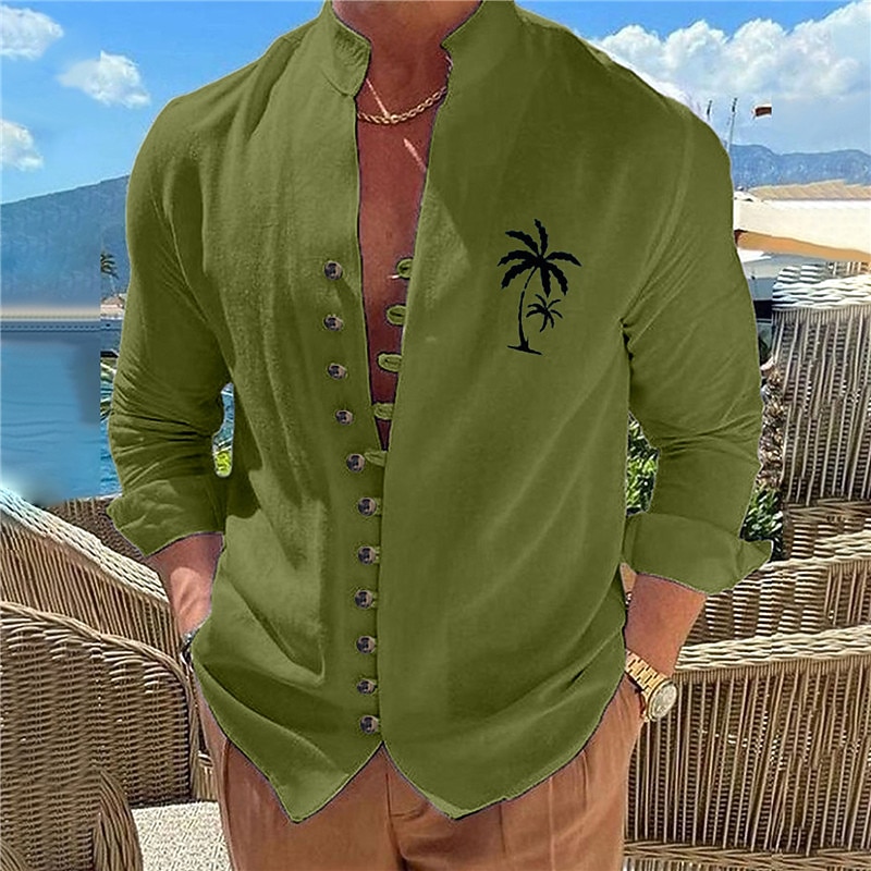 Men's Shirt Linen Shirt Beach Shirt Coconut Tree Outdoor Street White Pink Blue Orange Long Sleeve Stand Collar Summer Spring Clothing Apparel Print4