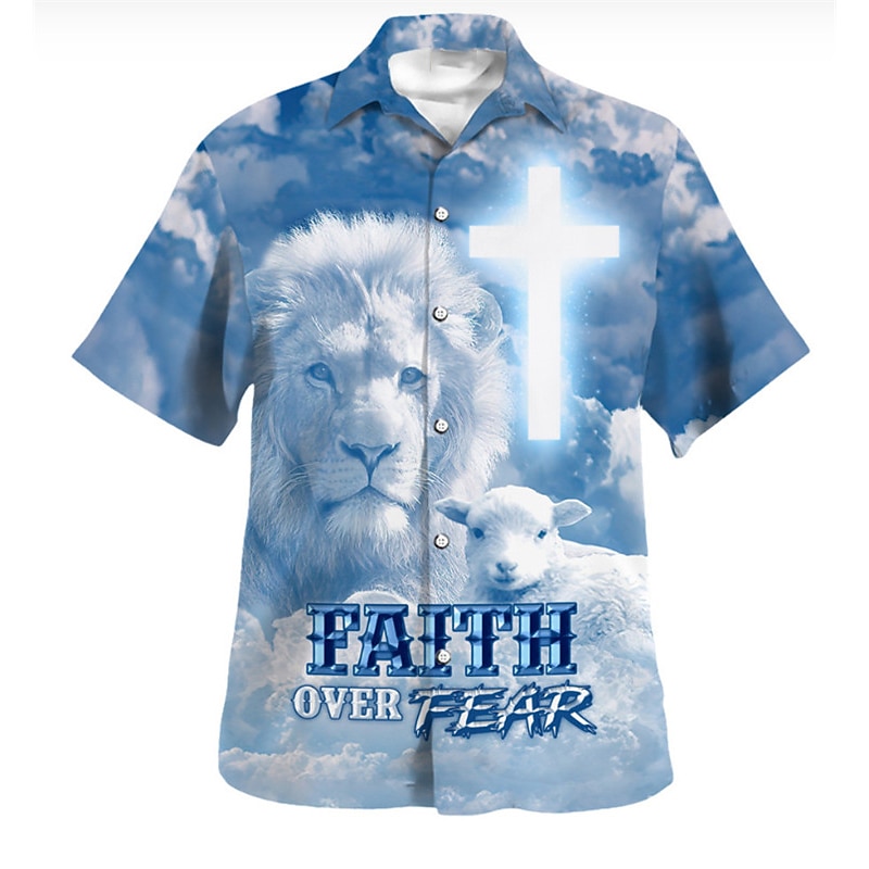 Men's Lion Letter Jesus Shirt Button Up Shirt Short Sleeve Fashion Streetwear Designer Daily Going out Weekend Summer Spring Turndown Print Royal Blue Blue Dark Blue Light Blue4