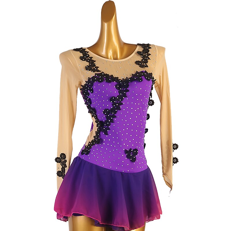 Figure Skating Dress Women's Girls' Ice Skating Dress Violet Patchwork Open Back Mesh High Elasticity Training Competition Skating Wear Classic Sleeveless Ice Skating Figure Skating2