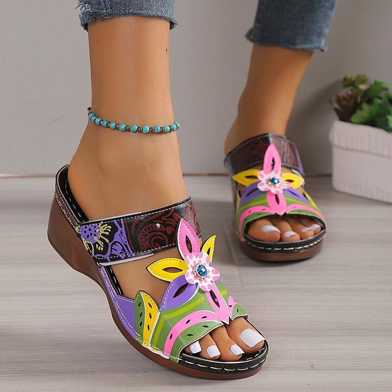 Women's Colorful Bohemian Floral Sandals – Hand-Painted Open-Toe Wedge with Comfortable Sole for Summer and Casual Wear