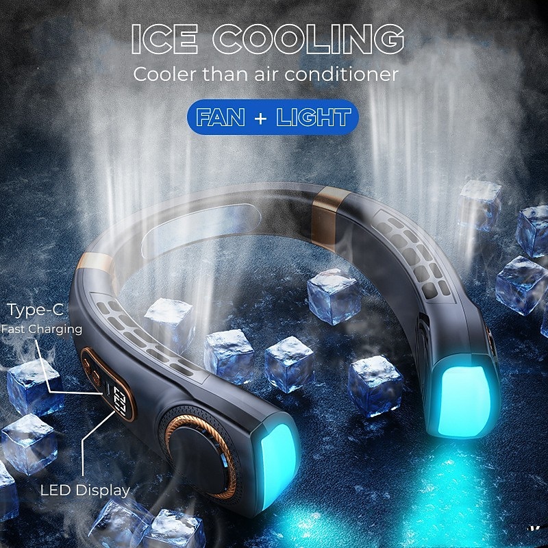 Portable Hanging Neck Fan with Colorful Light USB Charging 5 Gears Brush Motor Leafless Hanging Neck Fan Rechargeable Mute Refrigeration Air Conditioning Outdoor Cooling Fan2